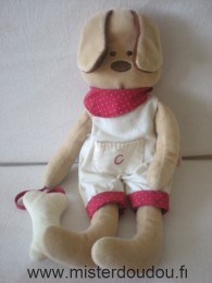 Doudou Chien Corolle Marron salopette blanche foulard rouge points blancs 