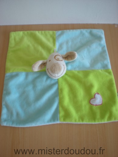 Doudou Chien Cp international Bleu vert coeur cocard a l oeil 