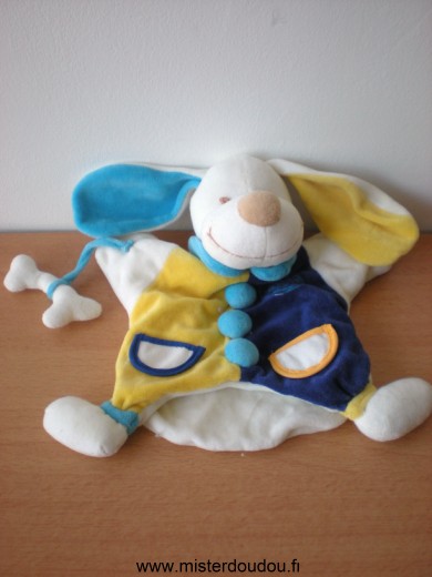 Doudou Chien Doudou et compagnie Blanc bleu jaune avec os 