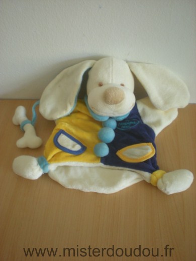 Doudou Chien Doudou et compagnie Hugo bleu jaune blanc avec un os 