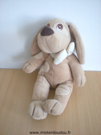 Doudou Chien Jollybaby Beige marron noeud écru 