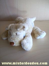 Doudou Chien Jollybaby Beige sous ventre et pattes blanc et une patte bleue brodée sur le coté Avec un collier bleu