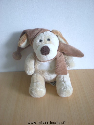 Doudou Chien Lascar Ecru bonnet marron Un scratch sur le ventre