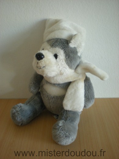 Doudou Chien Lascar Gris blanc bonnet blanc 