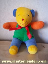 Doudou Chien Luckson Orange vert bleu jaune ruban rouge 