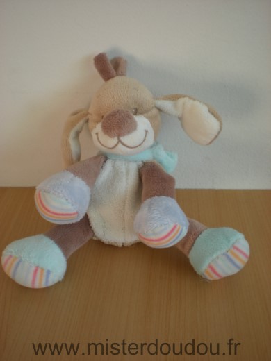 Doudou Chien Nattou Beige bleu echarpe bleue Petit modèle hochet