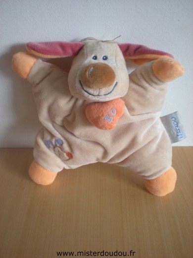 Doudou Chien Nattou Beige orange bordeau , coeur orange brodé bo 