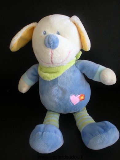 Doudou Chien Nicotoy Bleu blanc  jaune foulard vert coeur rose 