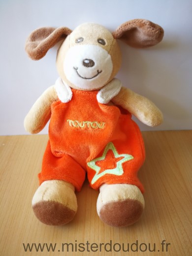 Doudou Chien Nounours Beige salopette orange toutou etoile verte 