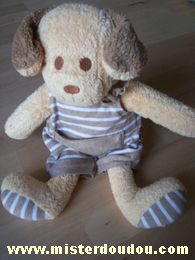 Doudou Chien Nounours Beige salopette rayée marron blanc 