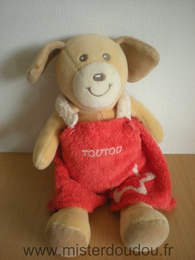 Doudou Chien Nounours Beige salopette rouge toutou 