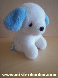 Doudou Chien Nounours Blanc bleu, nez et yeux en plastique noirs 