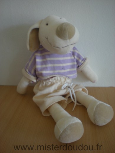 Doudou Chien Nounours Ecru short ecru tshirt raye mauve blanc 