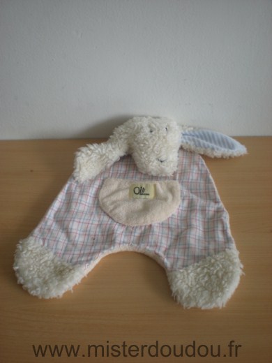 Doudou Chien Olli Blanc rose bleu carreaux 