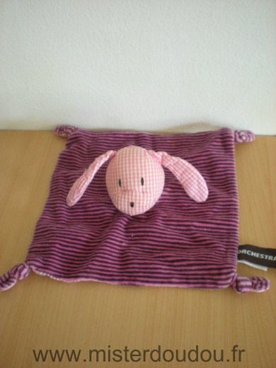 Doudou Chien Orchestra Raye mauve marron carreaux roses 