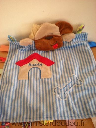 Doudou Chien Taggies Buddy rayures bleu niche os etiquettes 