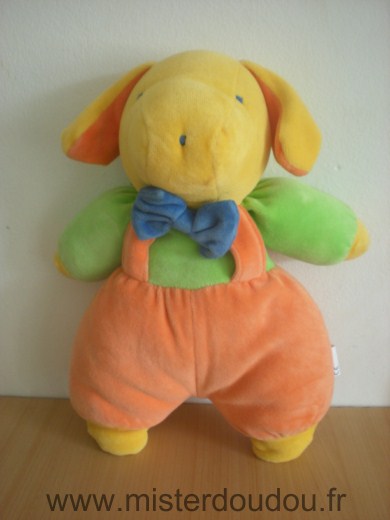 Doudou Chien Vulli Jaune vert salopette orange noeud bleu 