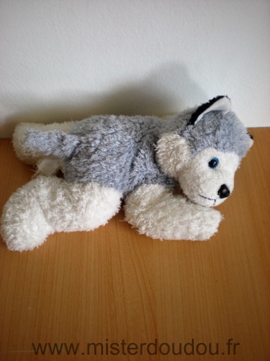 Doudou Chien 0 Chien loup husky gris blanc yeux bleus allongé Nez plastique noir