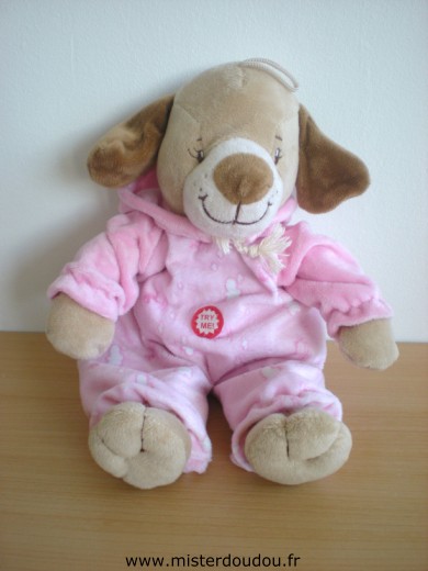 Doudou Chien - marque non connue - Marron habit rose à capuche Sonore : rires d'enfant lorsqu'on appuie sur son ventre