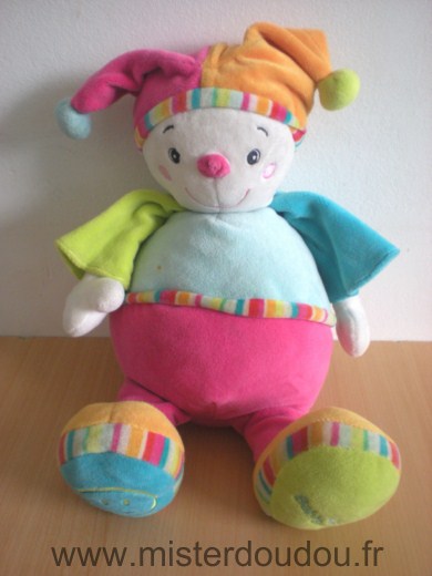 Doudou Clown Baby sun Bleu rose vert jaune 