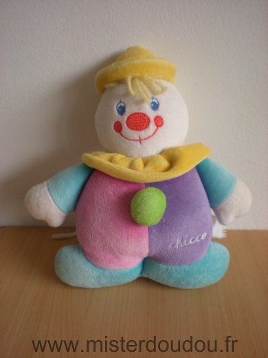 Doudou Clown Chicco Rose mauve bleu chapeau jaune 