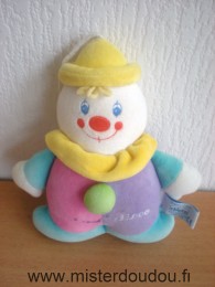 Doudou Clown Chicco Rose violet bleu jaune Une trace de stylo violet surle rose devant, ficelle d'attache sur le chapeau usée