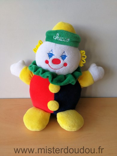 Doudou Clown Chicco Rouge bleu jaune Pouet dans les pieds