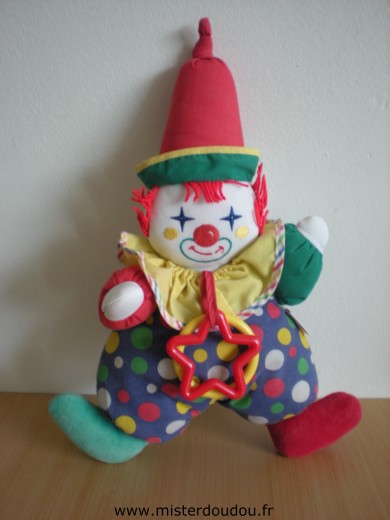 Doudou Clown Corolle Bleu points rouges blancs jaune bonnet rouge En tissus