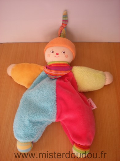 Doudou Clown Corolle Bleu rose vert orange foulard raye 