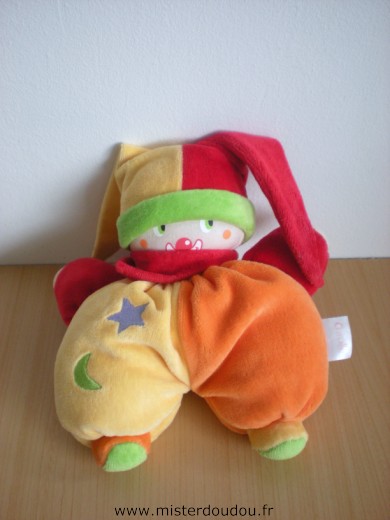 Doudou Clown Corolle Orange jaune rouge vert Bout du bonnet usé