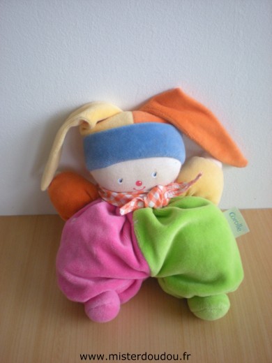 Doudou Clown Corolle Rose vert bonnet jaune orange 