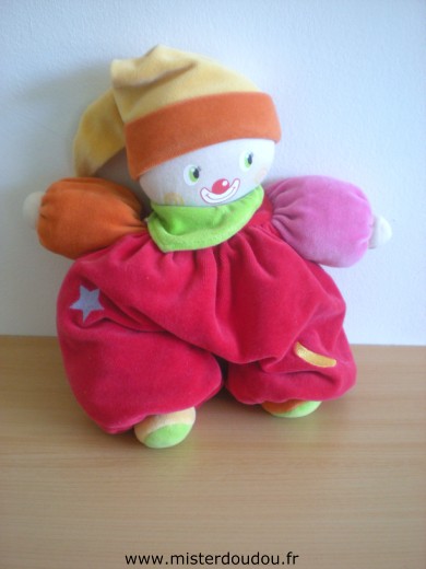 Doudou Clown Corolle Rouge orange jaune foulard vert 