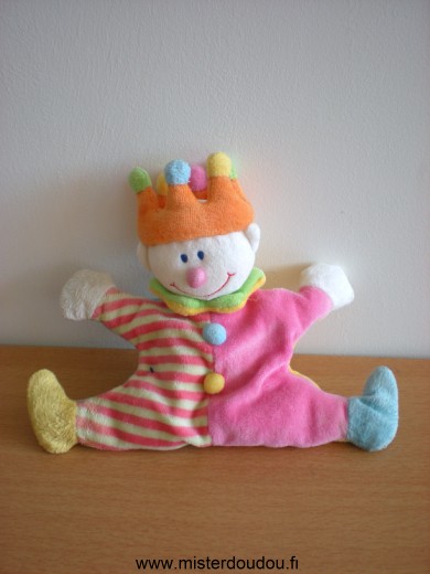 Doudou Clown Jollybaby Clown ou roi rose orange vert bleu jaune Mauvais état : pieds et mains usés, le proposons quand même pour dépanner
