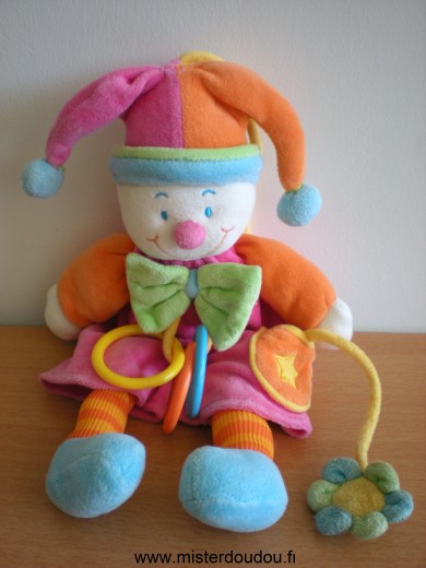 Doudou Clown Jollybaby Rose orange bleu vert Très bon état général mais la fleur est usée.