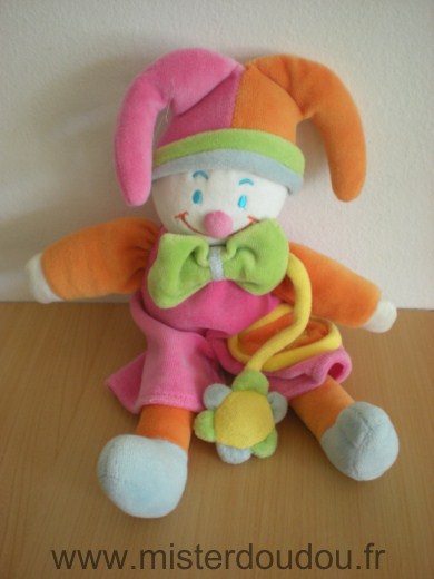 Doudou Clown Jollybaby Rose orange noeud vert 