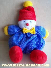 Doudou Clown - Marque non connue - Bleu points blanc bonnet rouge noeud jaune 
