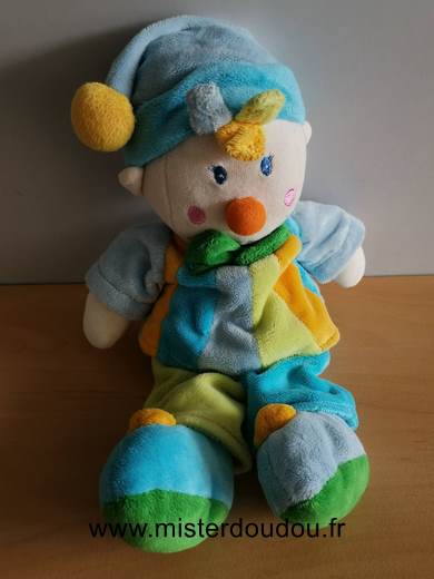 Doudou Clown Mgm Bleu vert jaune 