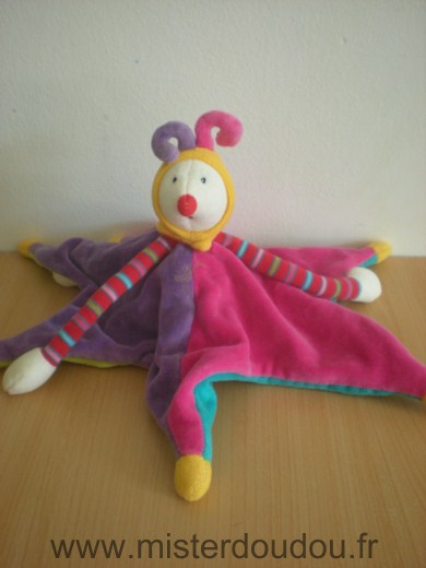 Doudou Clown Moulin roty Dragobert reversible rose mauve ou bleu vert dessous 