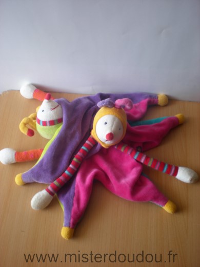 Doudou Clown Moulin roty Reversible double face vert bleu et rose violet 