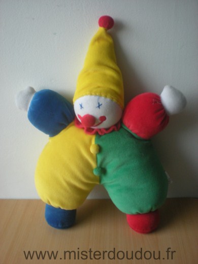 Doudou Clown Priscilla larsen Jaune rouge vert bleu 