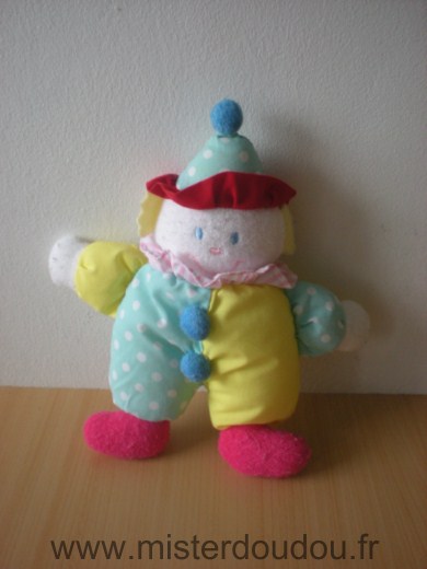 Doudou Clown - marque non connue - Jaune vert points blanc, rouge 