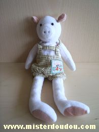 Doudou Cochon Moulin roty Ecru salopette carreaux verte 