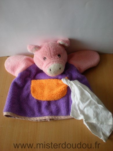 Doudou Cochon Nounours Rose violet mouchoir blanc 