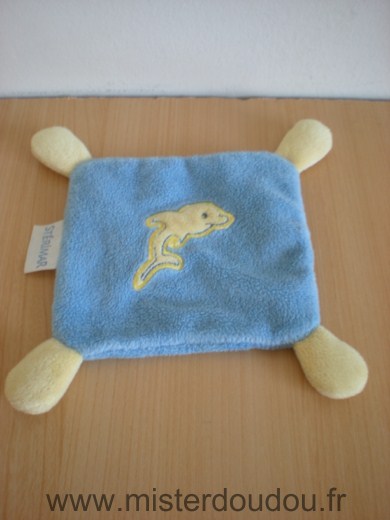 Doudou Dauphin Sterimar Carre bleu motif dauphin jaune 