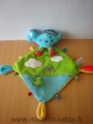 Doudou Dinosaure Nicotoy Bleu vert jaune nuages 