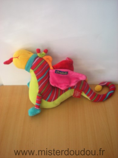 Doudou Dragon Moulin roty Dragobet rouge vert raye Un petit accroc sous l aile