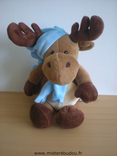 Doudou Elan Softtoys Elan cerf ou renne maron echarpe bleu 