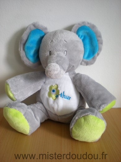 Doudou Eléphant Arthur et lola Gris blanc bleu 