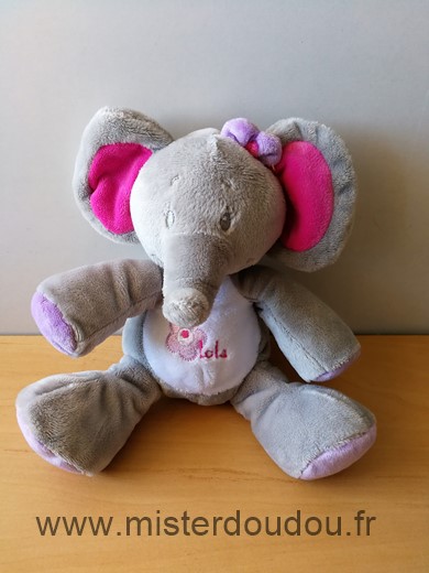 Doudou Eléphant Arthur et lola Lola gris rose bebisol 