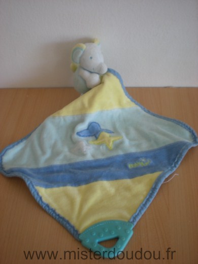 Doudou Eléphant Baby sun Bleu jaune blanc anneau dentaire 